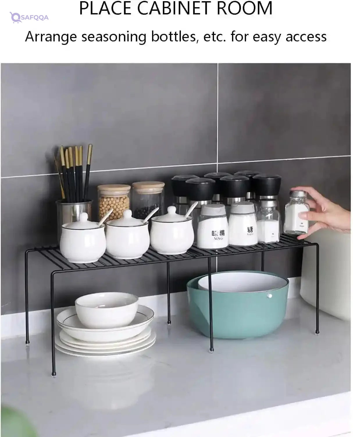 Expandable Spice Rack Organizer for Kitchen Cabinets – Adjustable Storage Shelf with Scratch-Resistant Feet - Safqqa