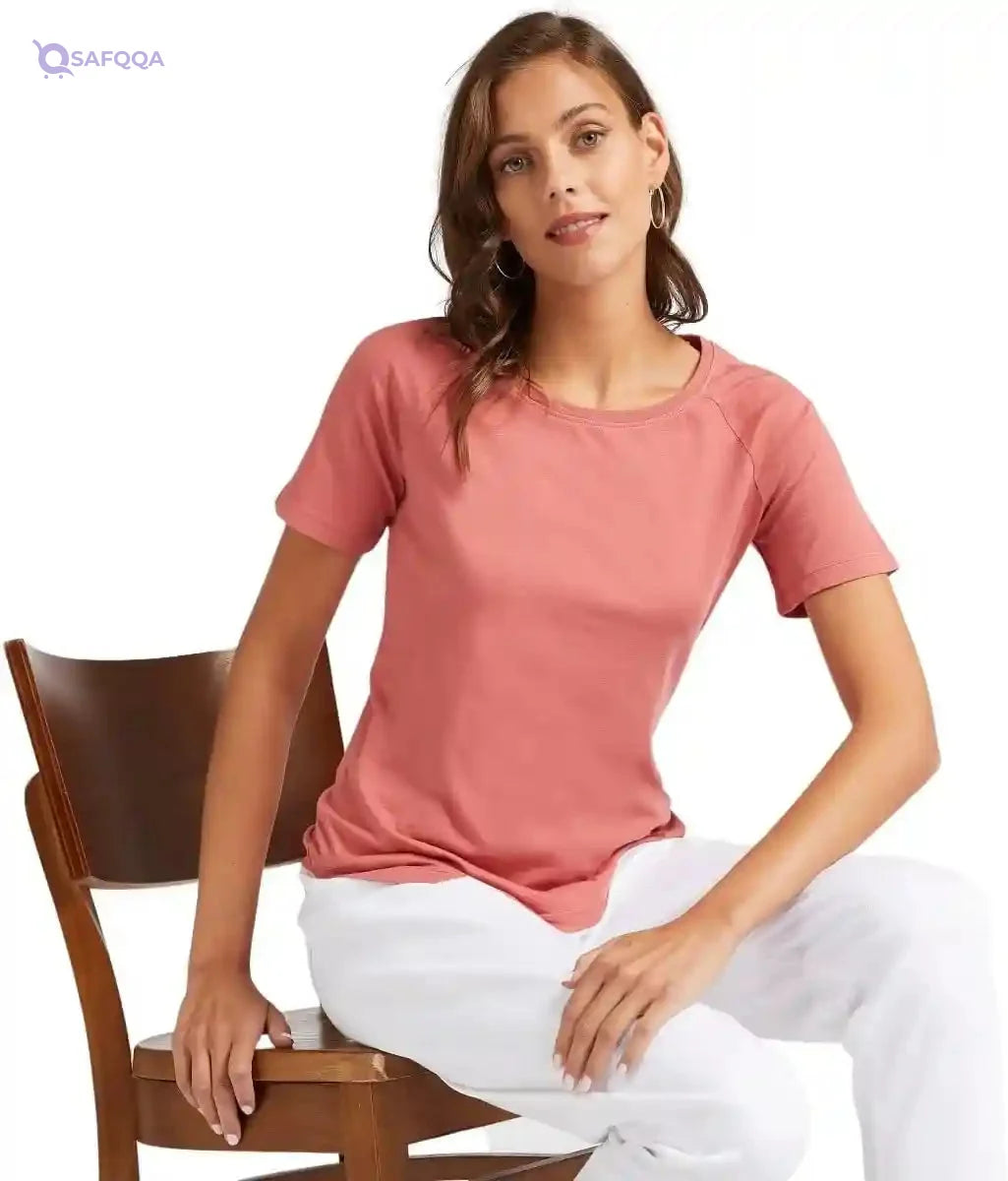Solid T-shirt with Round Neck and Short Sleeves - Safqqa Egypt