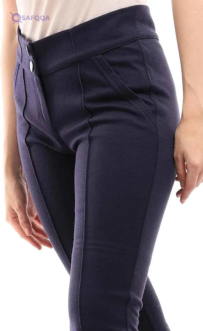 ESLA Women’s Navy Blue Solid Leggings with Fly Zipper and Buttons - Safqqa Egypt