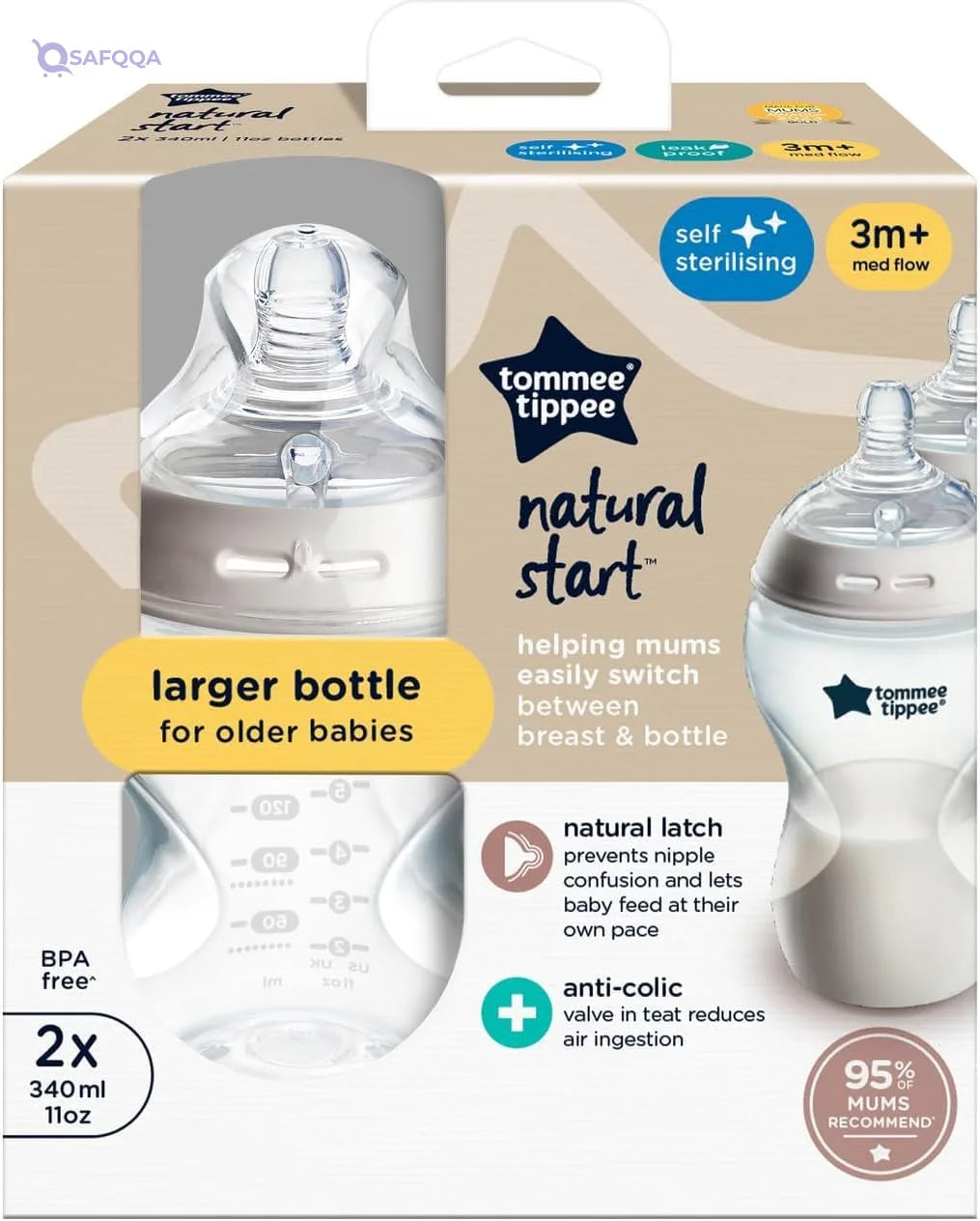 Tommee Tippee Closer to Nature Feeding Bottles – 2x 340ml, Anti-Colic, BPA-Free - Safqqa