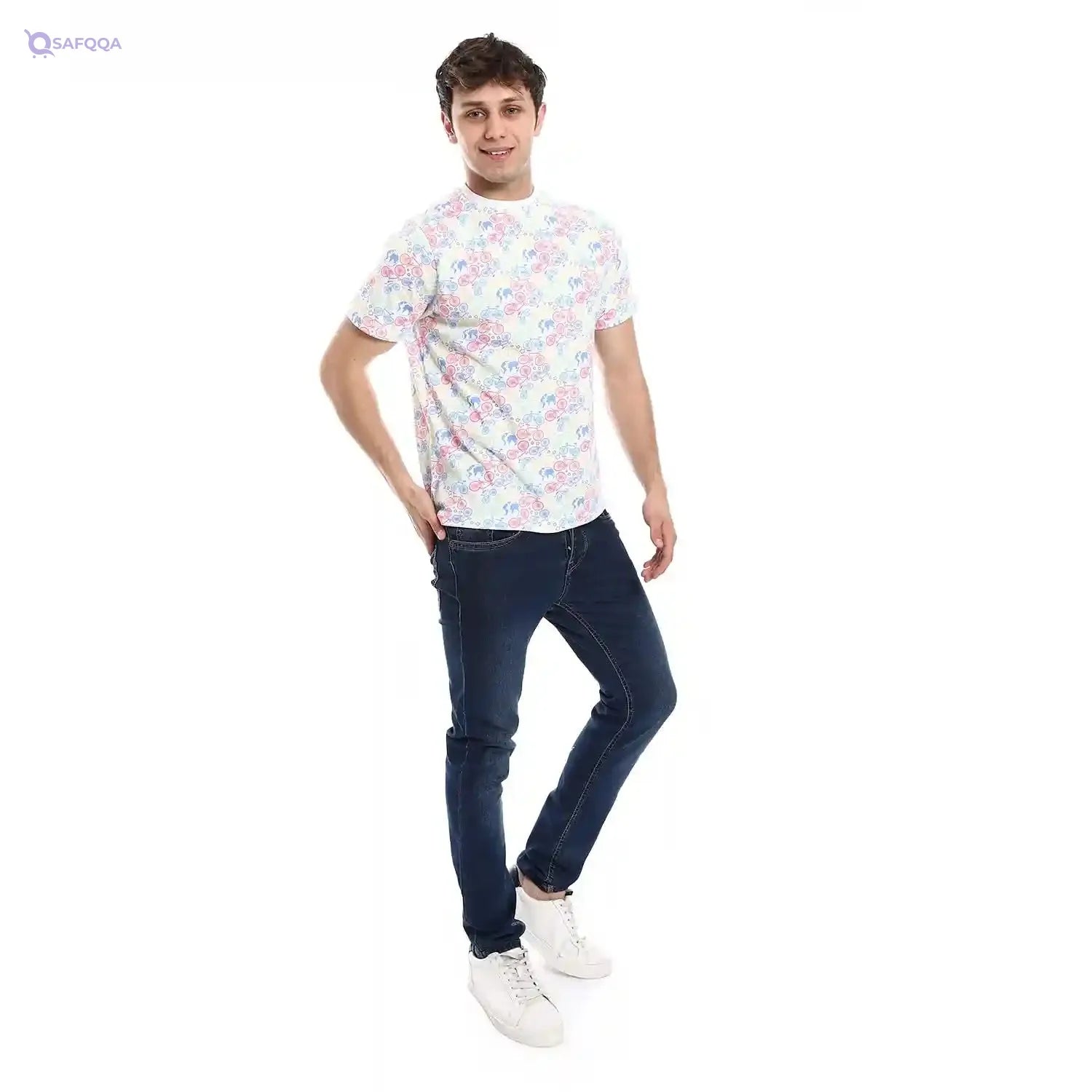 Andora Round Neck Self Pattern Basic Cotton T-Shirt-White-M, Mens - Safqqa Egypt