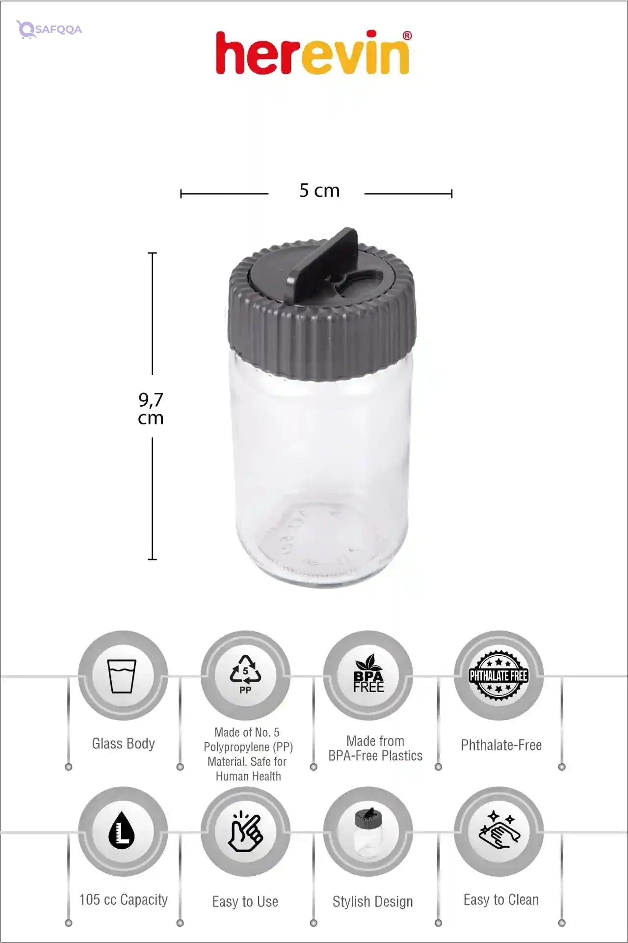 Herevin Glass Spice Set – 6 Jars, 105ml, Gray, Airtight Lids - Safqqa