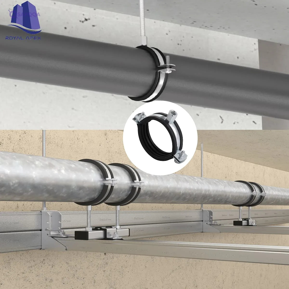 Royal Apex Heavy-Duty Adjustable Pipe Clamp – Galvanized Iron with Rubber Lining - Safqqa