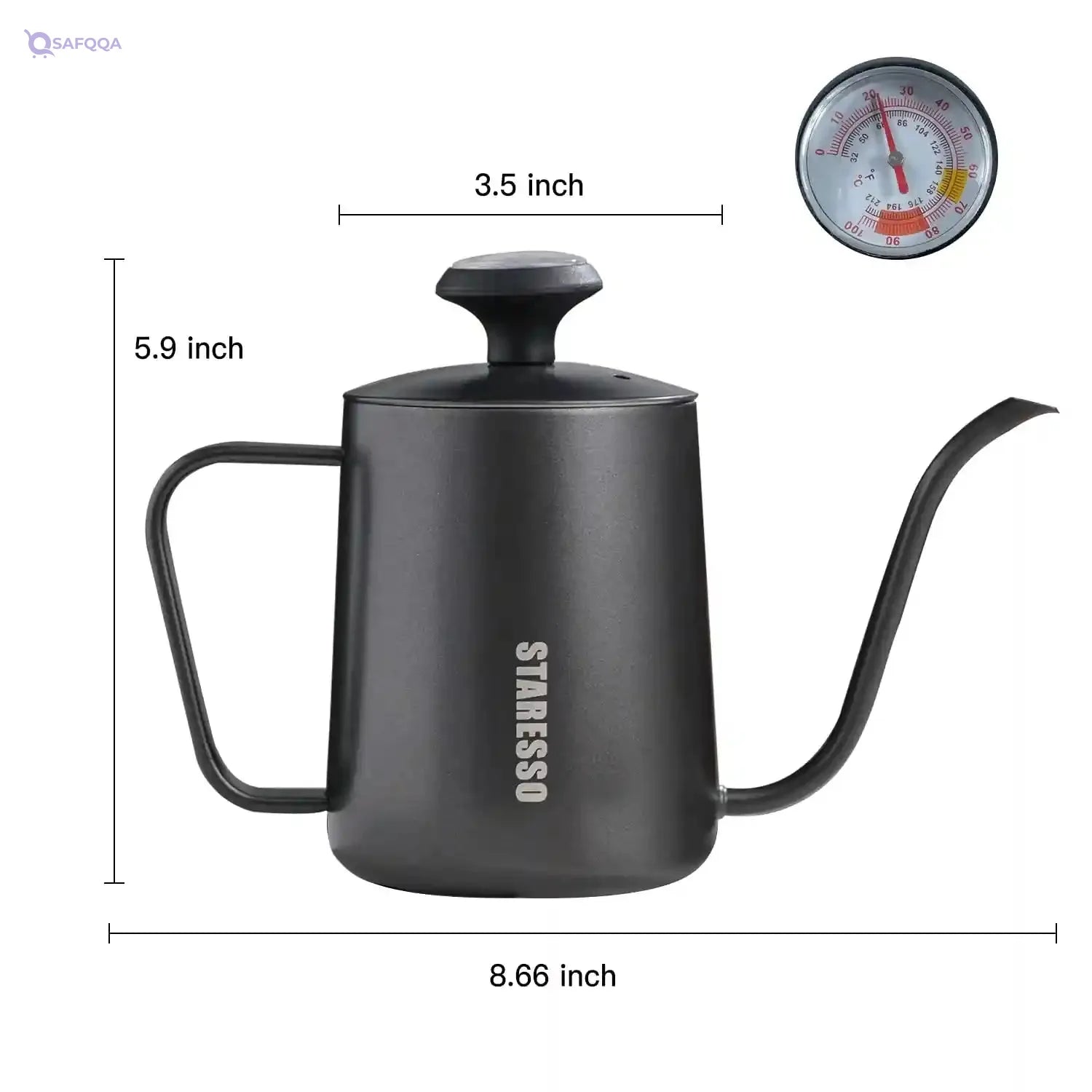 STARESSO Hand Drip Coffee Kettle – 550ml Stainless Steel Gooseneck Pour Over Kettle with Thermometer – Minor Scratches & Damaged Box - Safqqa