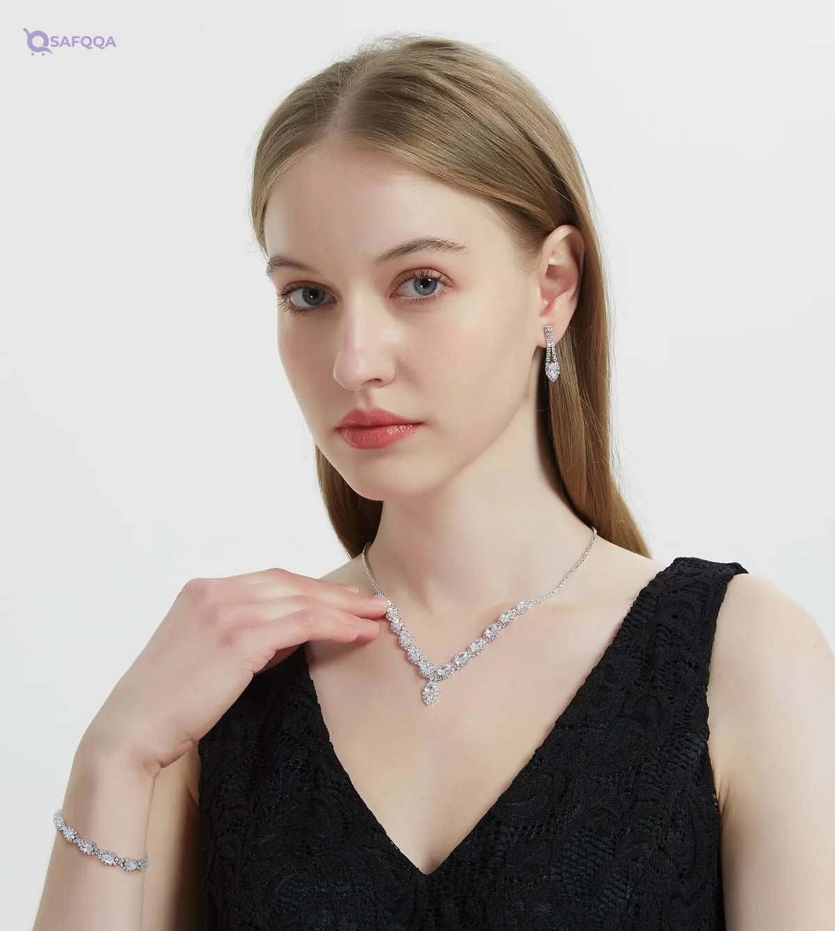 YSOUL CZ Rhinestone Jewelry Set – Necklace & Earrings for Bridal or Evening Wear - Safqqa