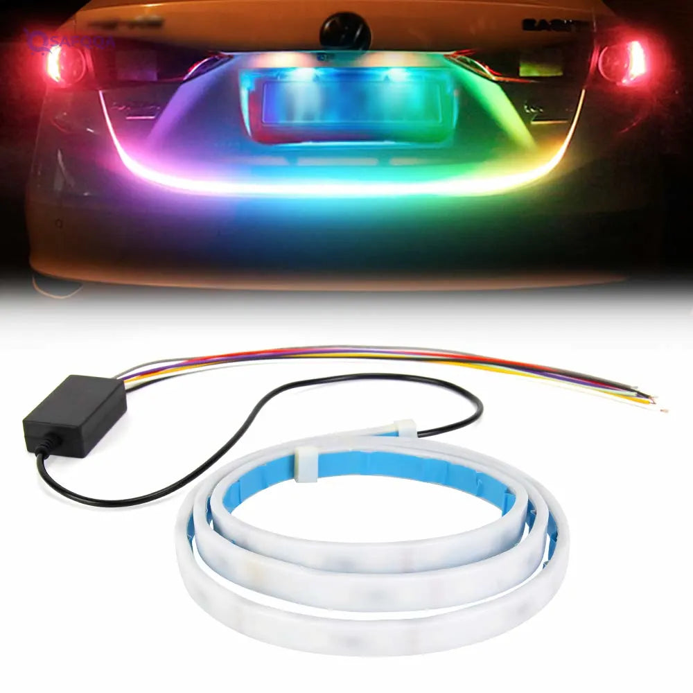Car Trunk Strip Light 48inch LED Rear Tailgate Dynamic Streamer Reverse Brake Driving Turn Signal Flow 12V Waterproof 60pcs RGB Strips (CDN-RGB-Trunk-1.2m) - Safqqa
