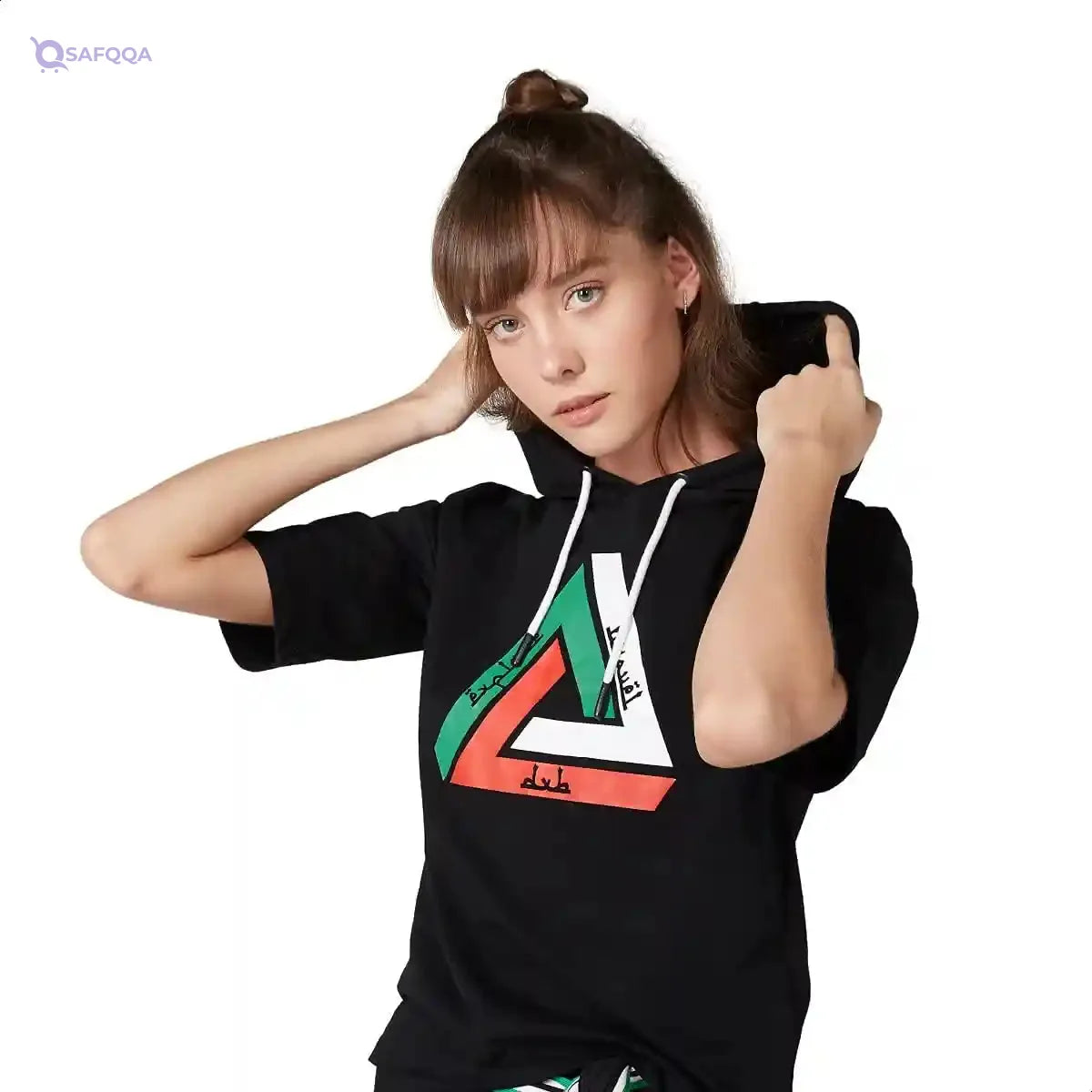 Splash Printed Short Sleeves Contrast Lace Hooded Sweatshirt for Women - Safqqa Egypt