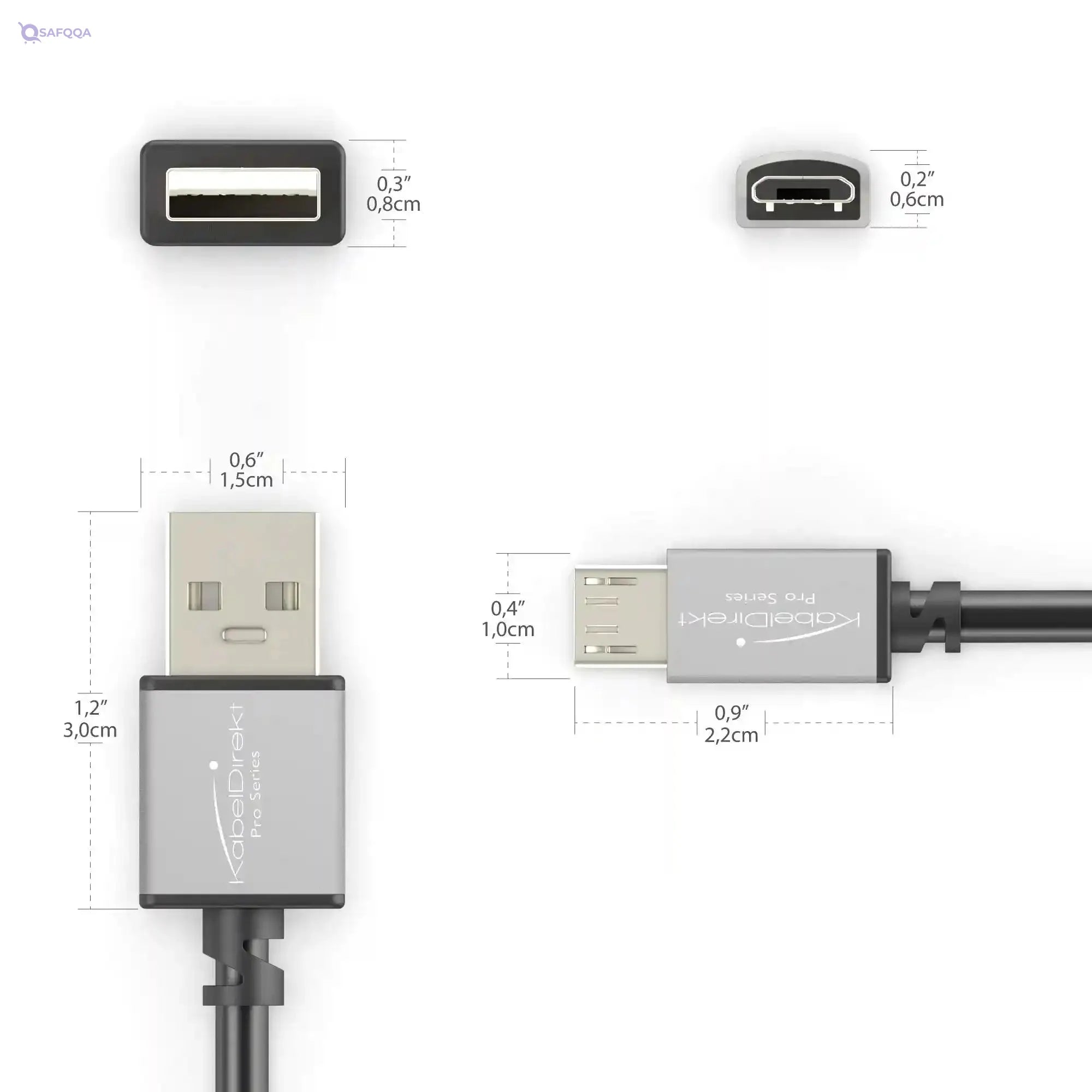 KabelDirekt 1056 1m Micro USB 2.0 Cable (High-Speed Data and Charger Cable, Suitable for Smartphones and Tablets with a Port/Space Grey) PRO Series - Pack of 2 - Black - Safqqa