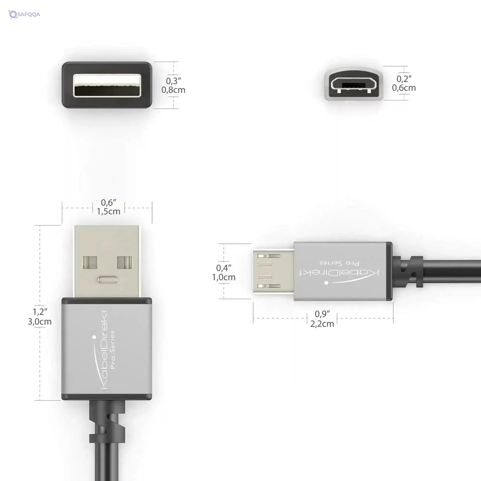 KabelDirekt 1056 1m Micro USB 2.0 Cable (High-Speed Data and Charger Cable, Suitable for Smartphones and Tablets with a Port/Space Grey) PRO Series - Pack of 2 - Black - Safqqa