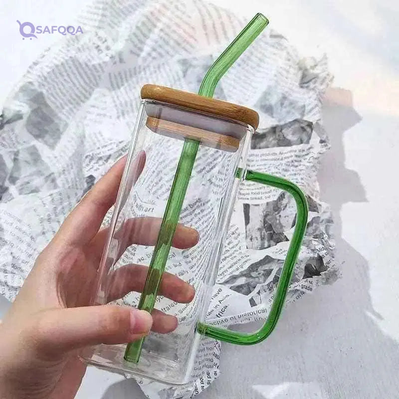 PRIME SHOP Square Glass Tumbler with Handle and Wooden Lid - Versatile Airtight Premium Product for Exceptional Drinking Experience (Pack Of 1 ) - Safqqa