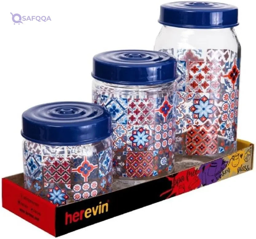 Herevin Mosaic Print Decorated Jar Set 3-Pieces, 425, 660 and 1000 ml Capacity, Blue - Safqqa