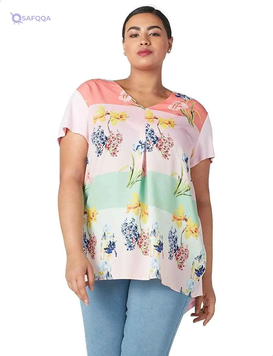 Splash High Low Patterned Short Sleeves V Neck Blouse for women - Safqqa Egypt