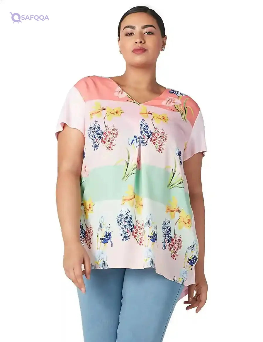 Splash High Low Patterned Short Sleeves V Neck Blouse for women - Safqqa Egypt