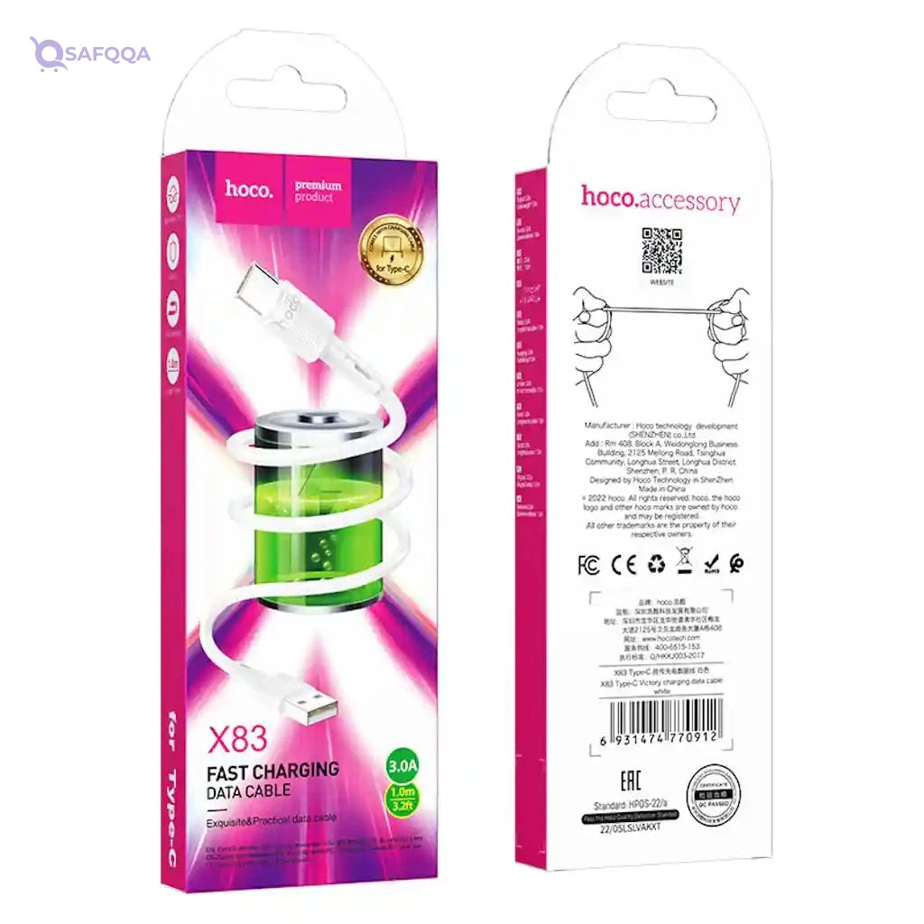 Hoco X83 - Victory Charging And Data Transmittion Cable (3A - 1M), USB-A To USB-C Plug, Compatible With Samsung Huawei Xiaomi Oppo - White - Safqqa