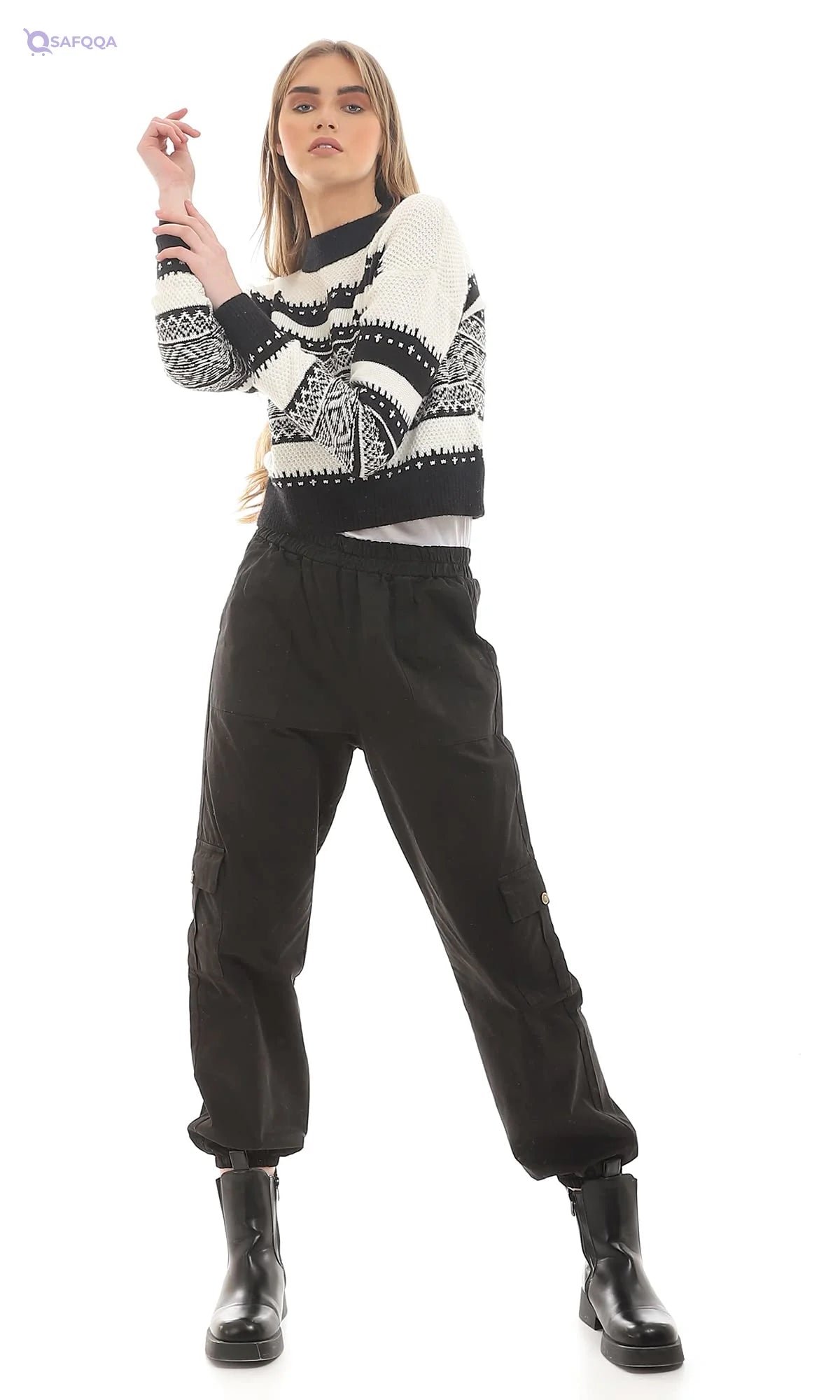 Ravin womens Bi-tone Acrylic Knitted Self Pattern Black & White Pullover Sweater - Safqqa