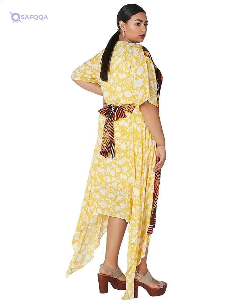 Splash Patterned Asymmetrical Hem Short Sleeves Round Neck Dress for Women - Multi color, - Safqqa Egypt