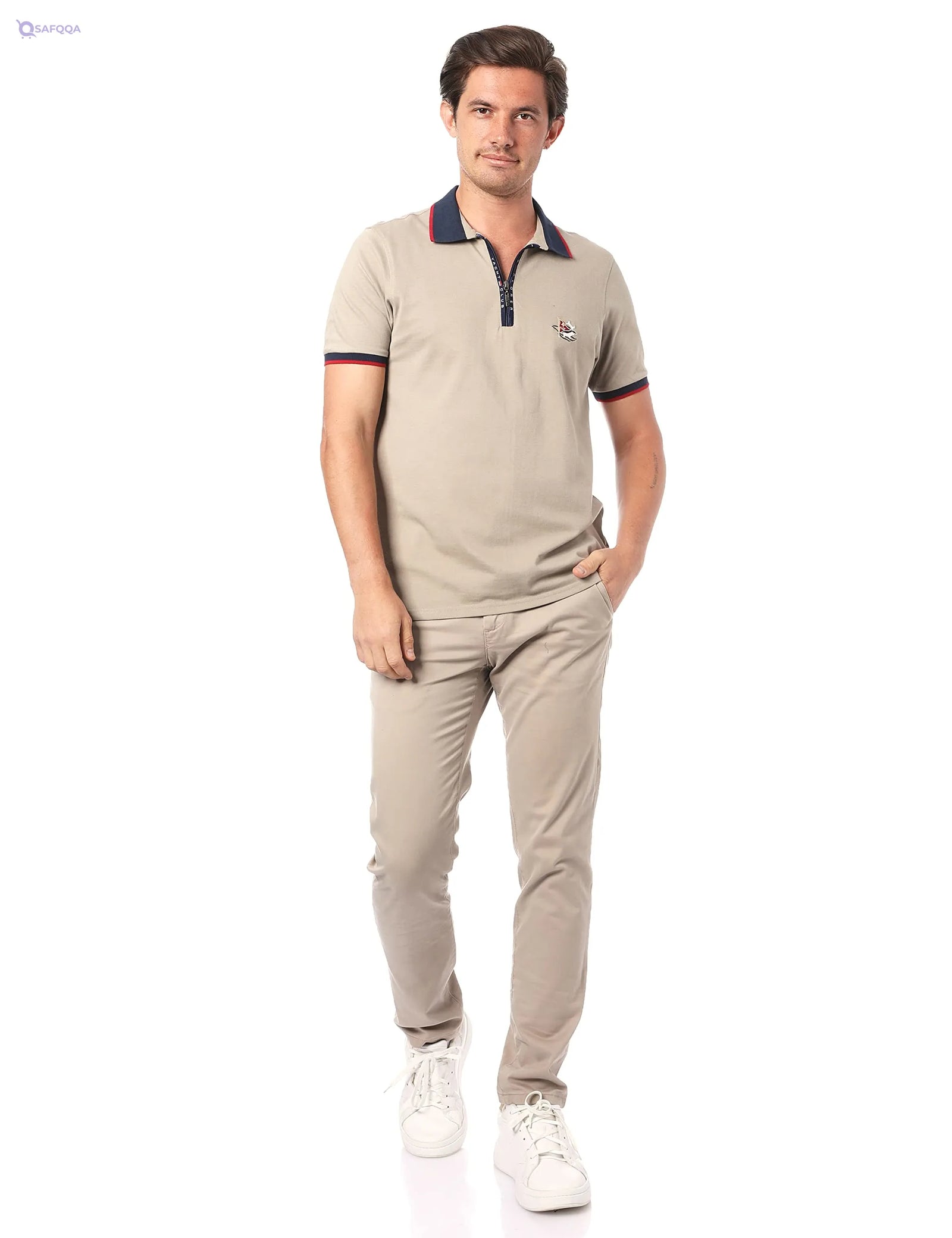 Bardis Embroidered Logo Front Zip-Up Cotton Polo Shirt for Men,Soft, breathable cotton for comfort throughout the day. - Safqqa