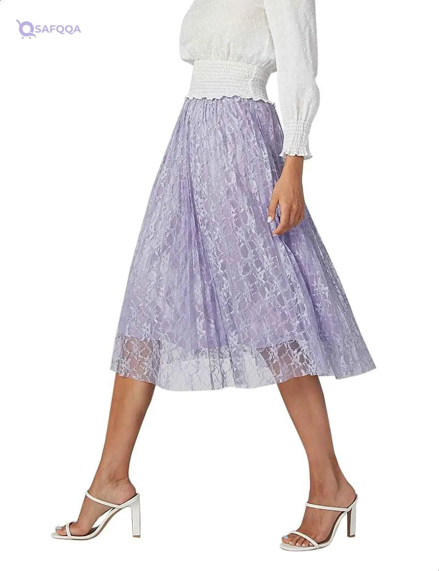 Splash Pleated Lace Midi A-Line Skirt for Women - Safqqa Egypt