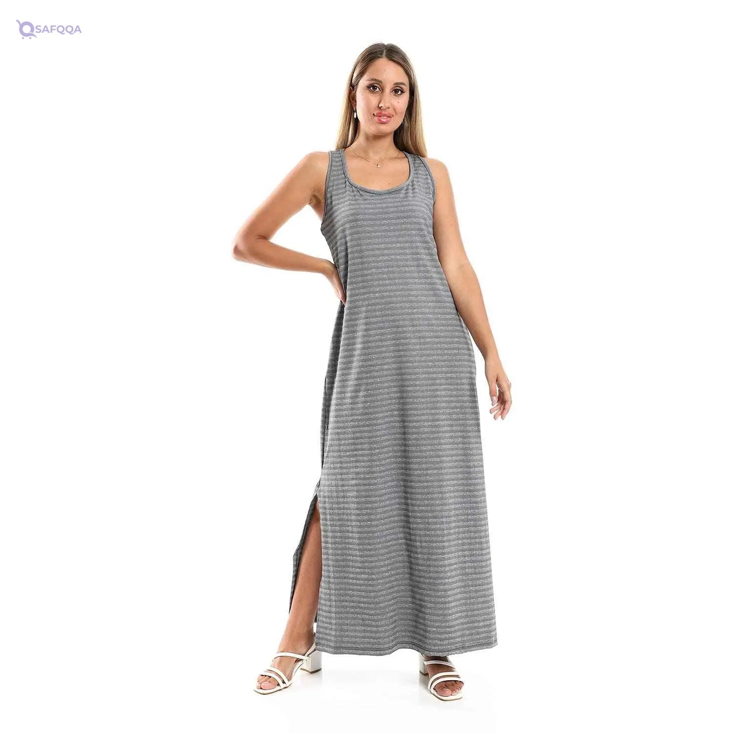 JAMILA Women Striped Sleeveless Long Dress With Side Slits DRESS - Safqqa Egypt