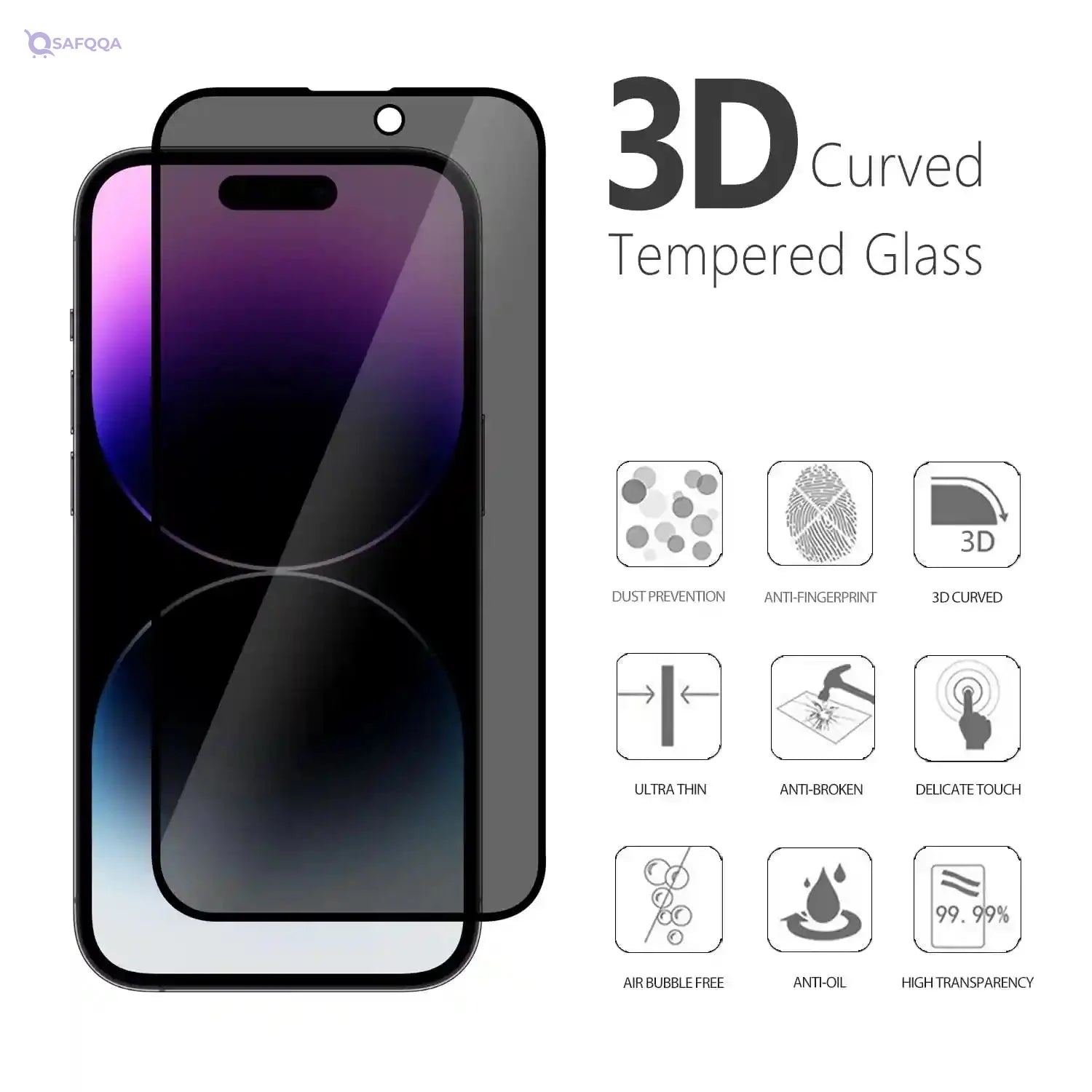 Privacy 9H Tempered Glass Screen Protector With Easy Installation Frame INCLUDED 3D Protector Edge to Edge Protection For iPhone (iPhone 14 Pro Max) - Safqqa Egypt