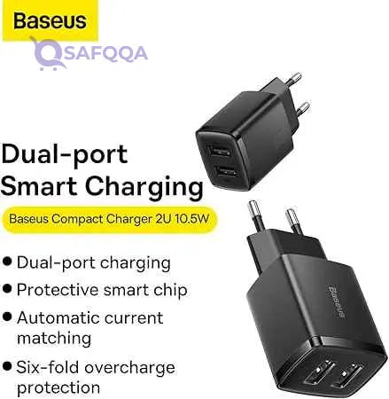 Baseus Compact Charger 2U 10.5W- Black - Safqqa