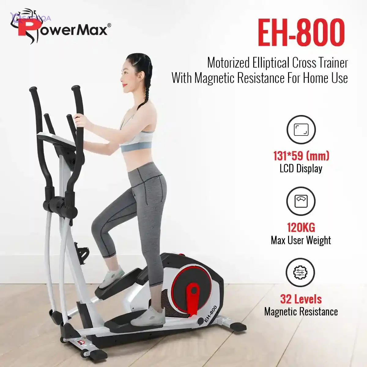 PowerMax Fitness® EH-800 Elliptical Cross Trainer Home Gym Workout Machine Magnetic Brake System, Max User Weight 120kg, LCD Display, Pulse Sensor, Antislip Pedal & Magnetic Resistance Silver - Safqqa