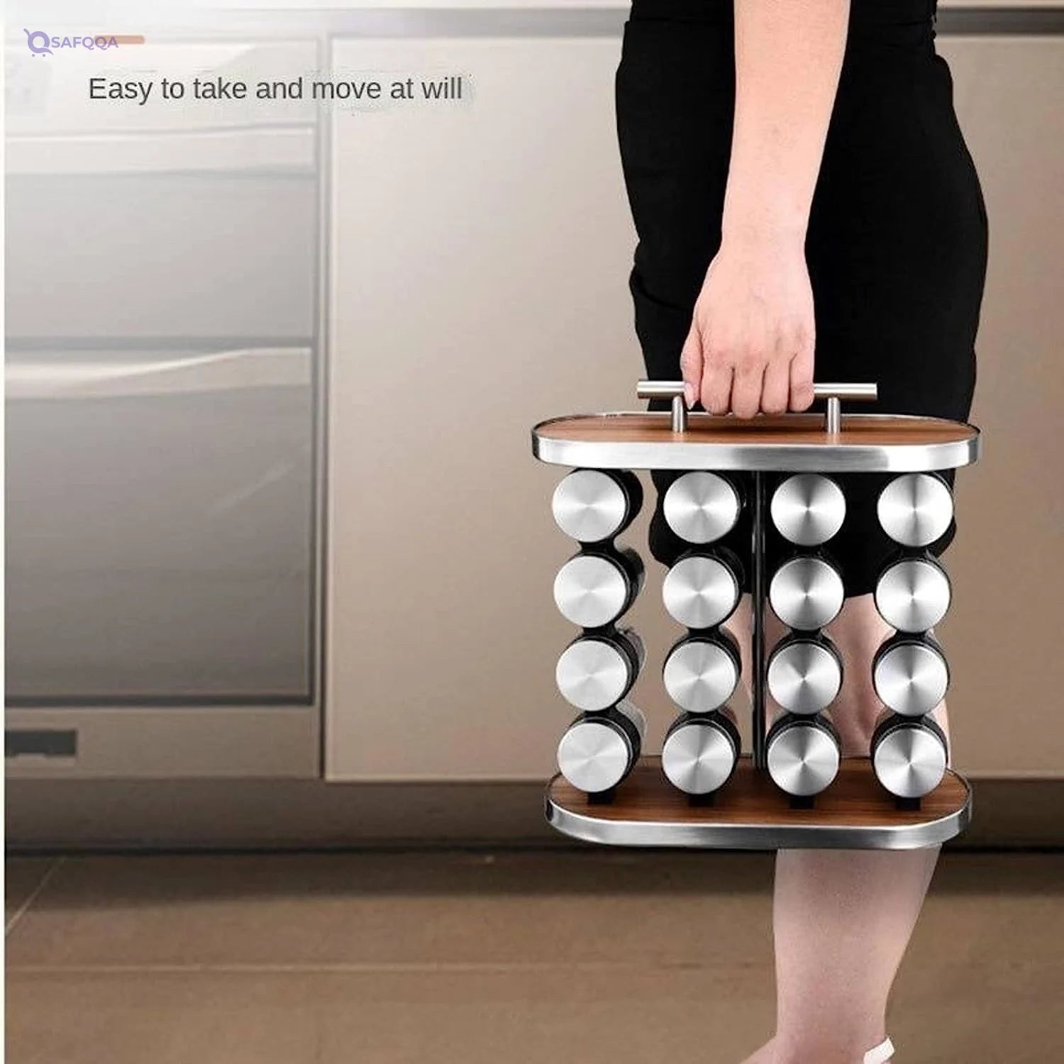 Flamer Spice Rack Organizer – 12 Empty Jars, Stainless Steel, Imitation Wood - Safqqa