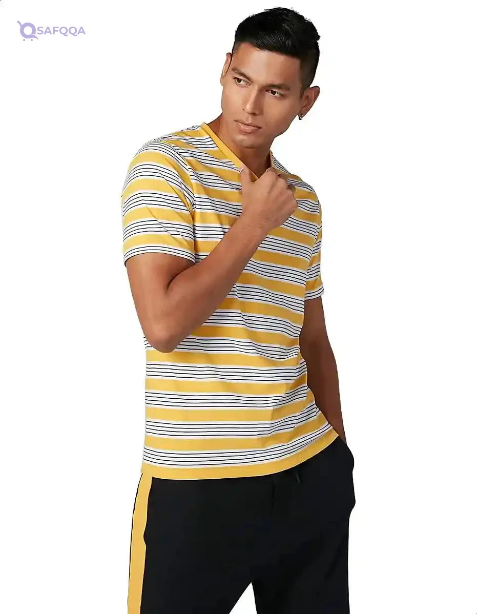Splash Striped Short SLeeves V Neck T-shirt for men - Yellow & White, S - Safqqa Egypt