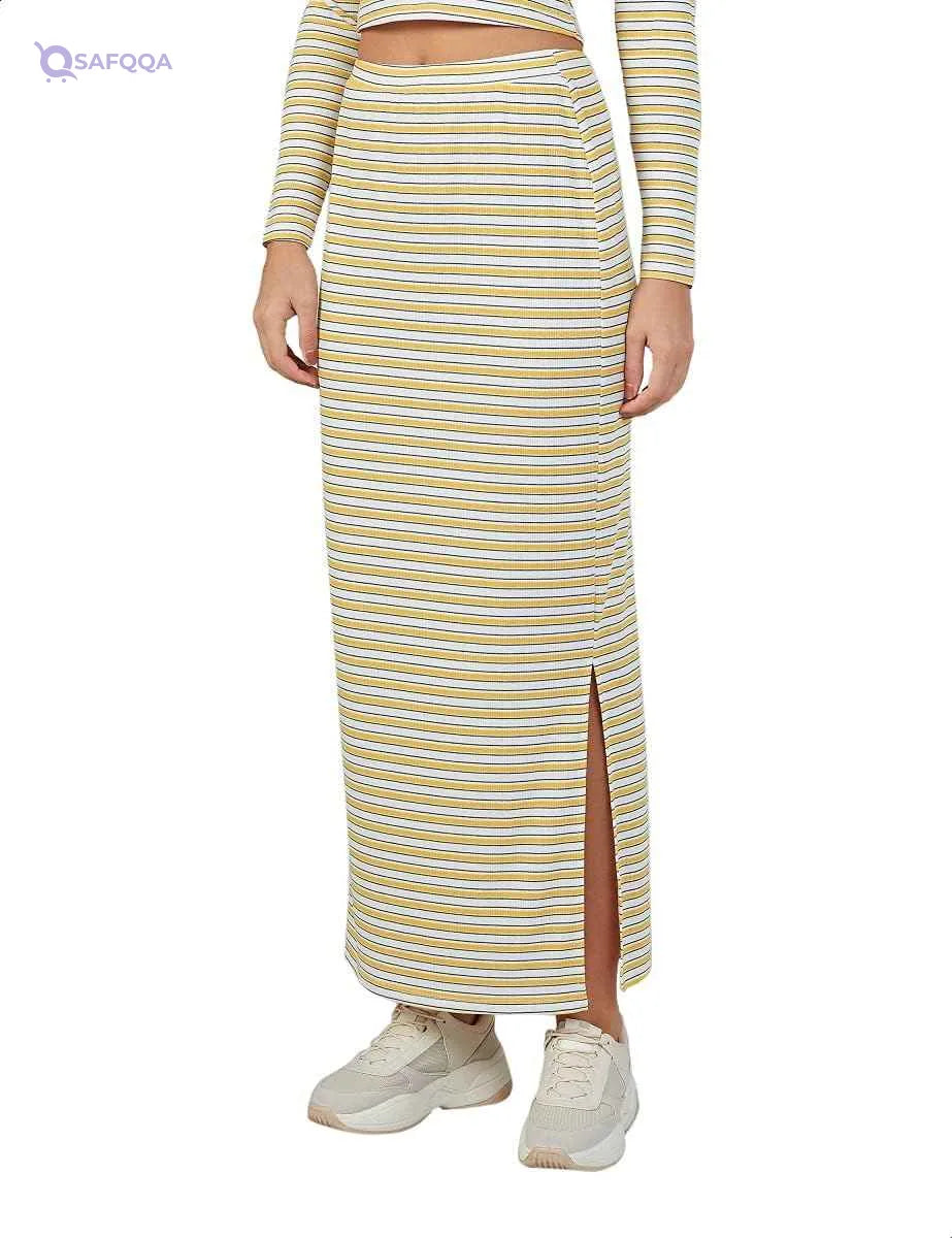 Splash Side-Slit Maxi Straight-Cut Striped Skirt for Women - Yellow and White - Safqqa Egypt