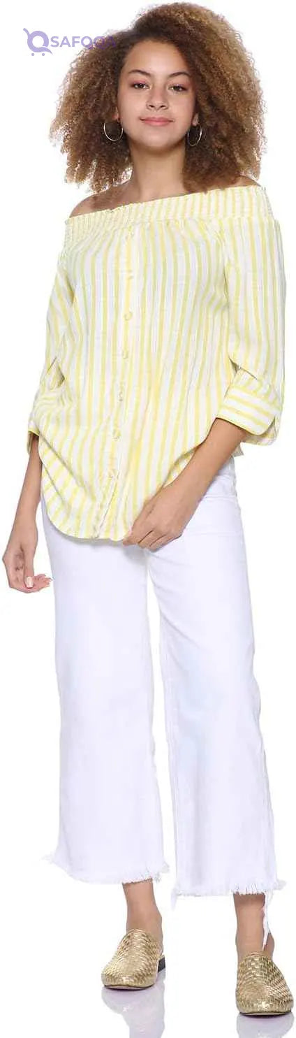 Splash Striped Boat Neck Long Sleeves Front Button Blouses for Women - Safqqa Egypt