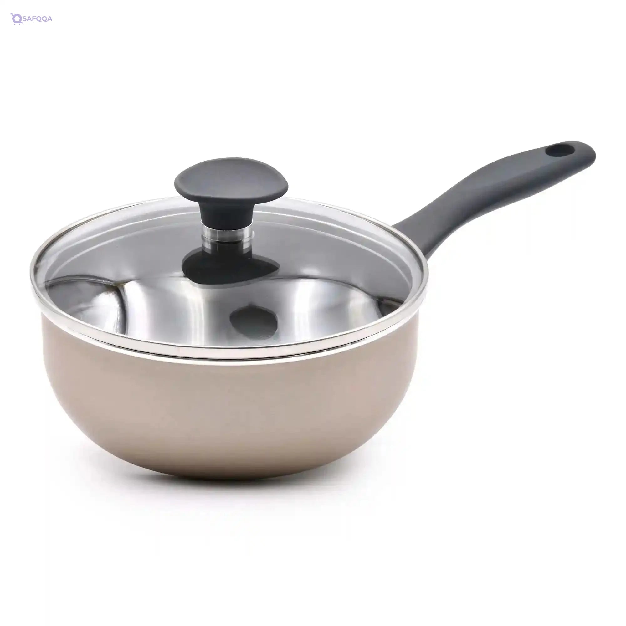 Celar  Aluminium Bakelite Soft Touch Fitting Saucepan with Lid, 16 cm Diameter,Non-stick, Beige, Made In Portugal - Safqqa