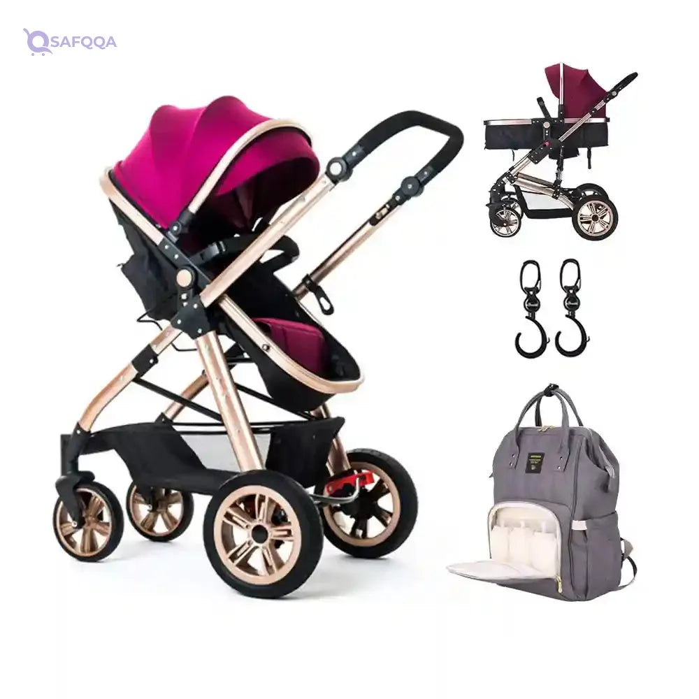 Teknum - 3 in 1 Pram Stroller Story, Diaper Bag & Hooks - Wine Grey - Safqqa