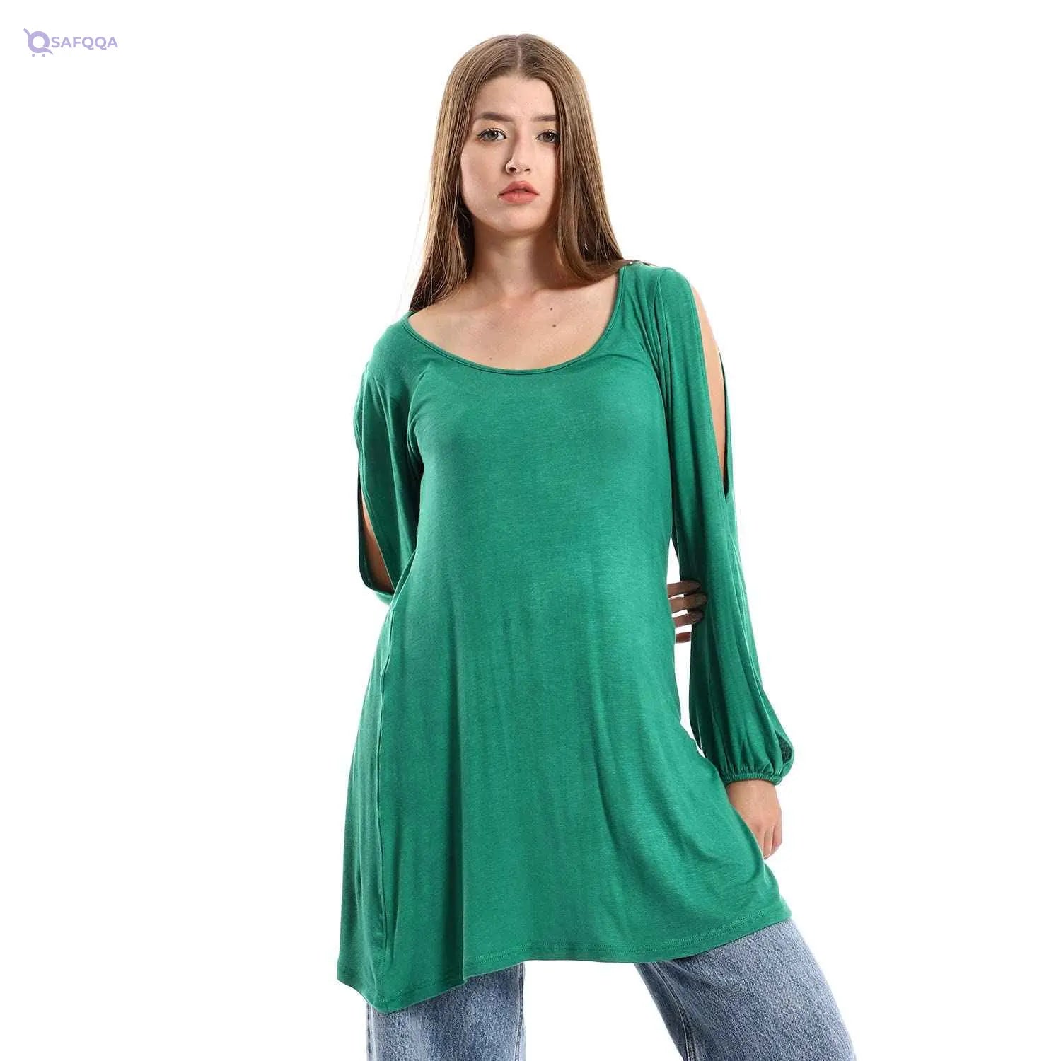 JAMILA Women Wide Round Collar Tunic With Sided Sleeves Slits TUNIC - Safqqa Egypt