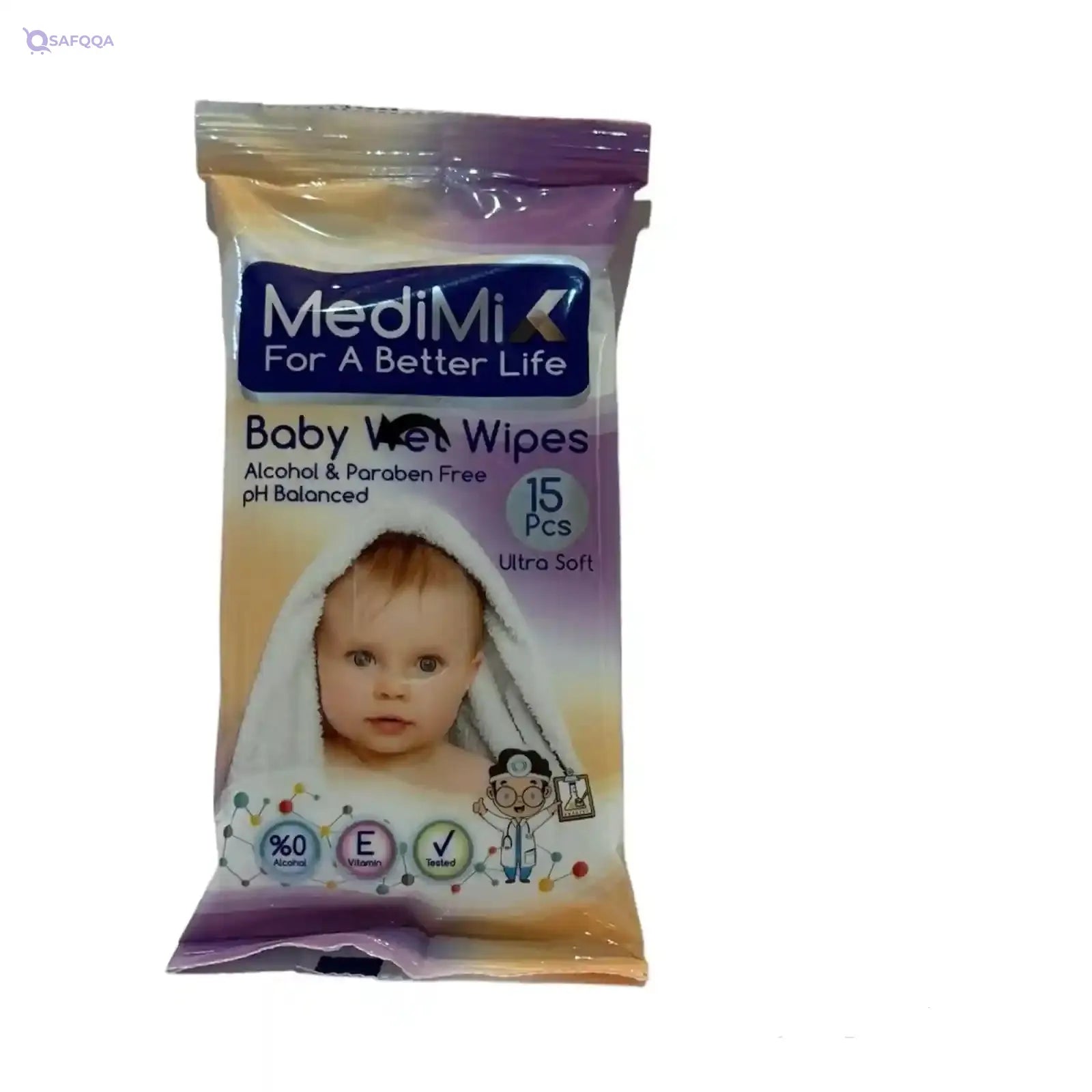 MediMix baby Wet Wipes Alcohol free- Purple- 15PCS Ultra soft - Safqqa