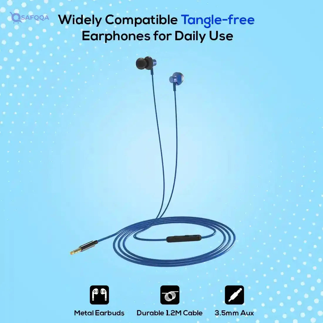 pTron (High Bass Earphones) in Ear Wired Earphones with Mic, 10mm Powerful Driver for Stereo Audio, Noise Cancelling Headset with 1.2m Tangle-Free Cable & 3.5mm Aux - (Blue) - Safqqa
