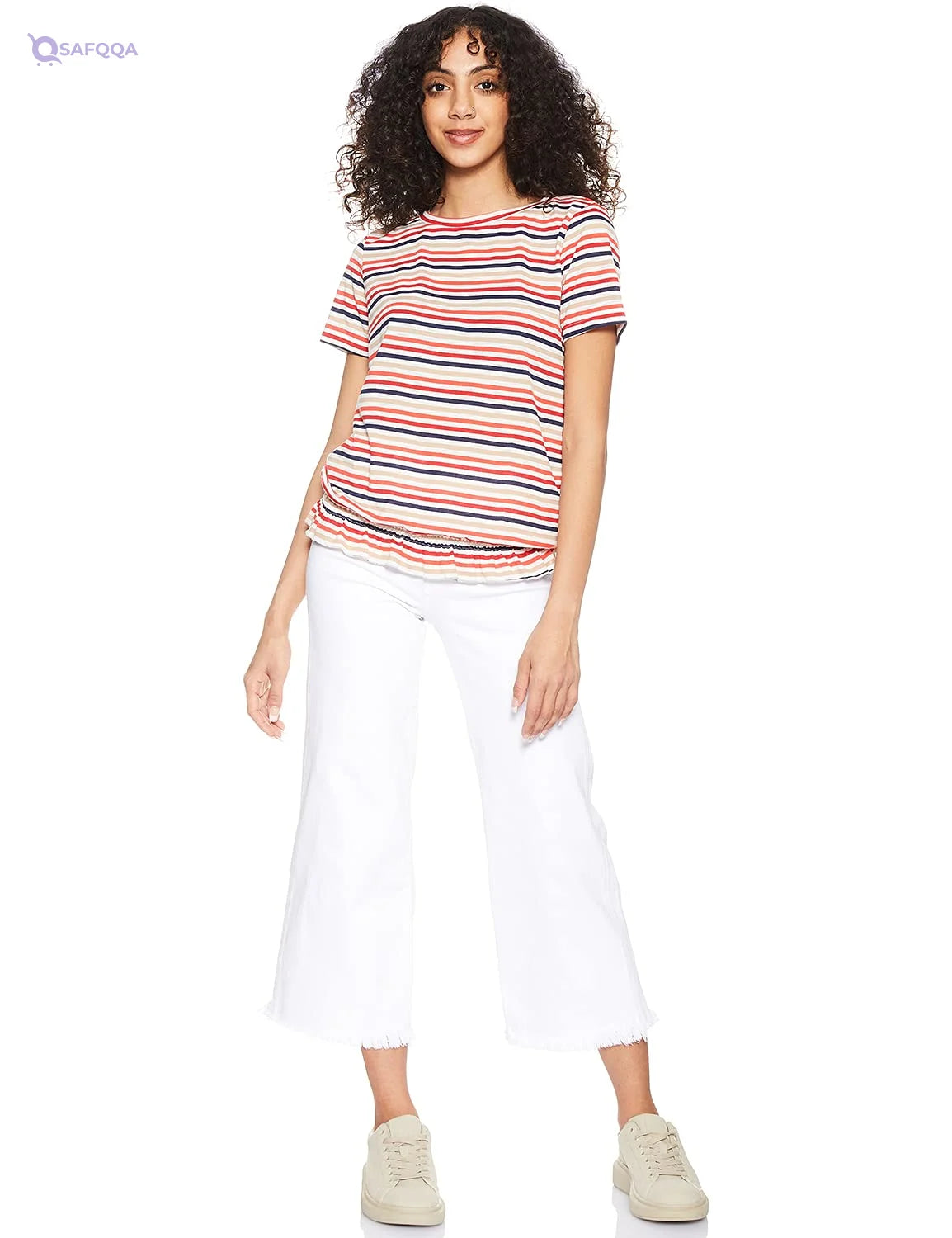Matalan Striped Ruffled Hem Short Sleeves Round Neck T-shirt for Women,Short sleeves ideal for warm weather. - Safqqa