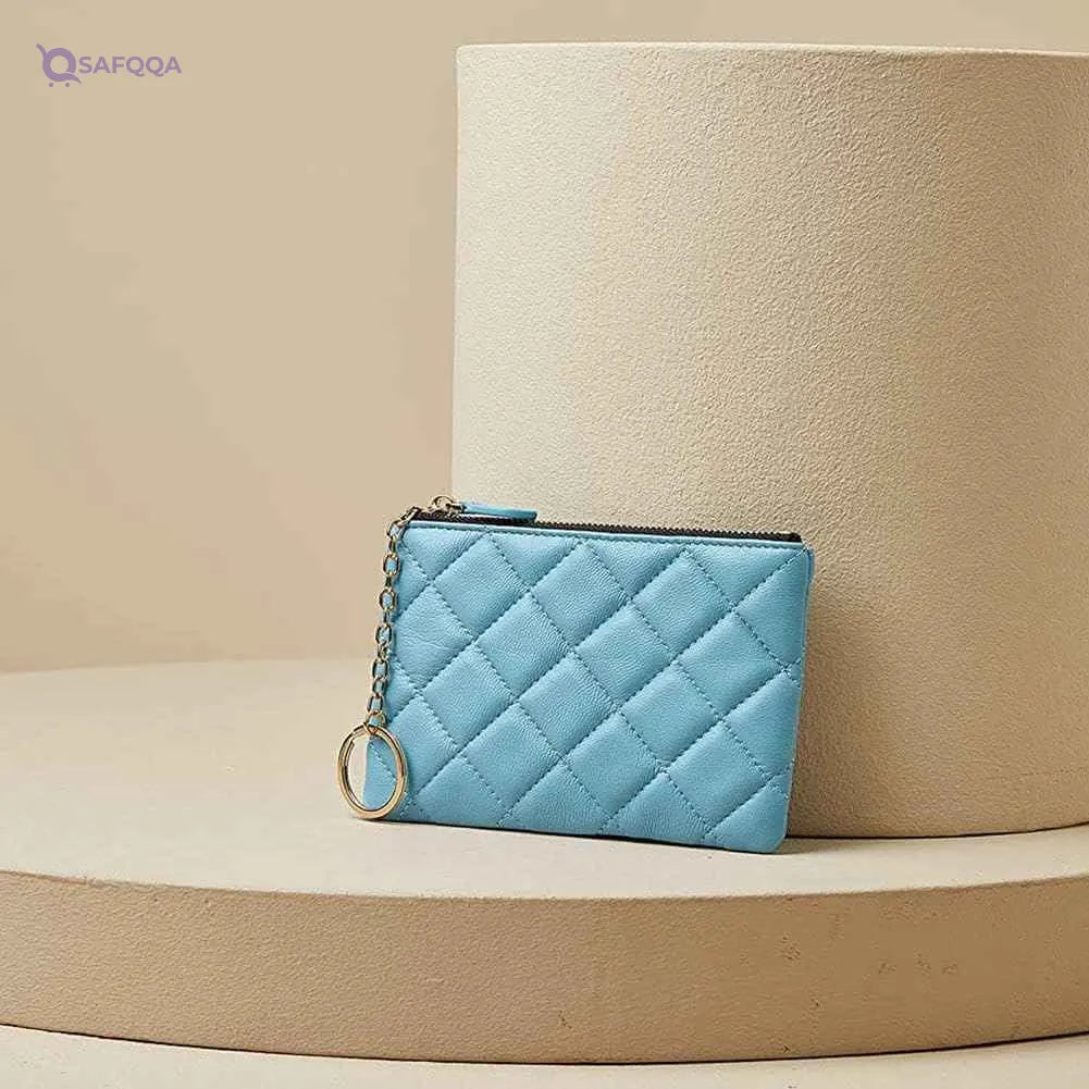 Premium Full-Grain Leather Mini Coin Purse & Keychain – Quilted RFID Wallet with Top Zipper for Men & Women - Safqqa Egypt