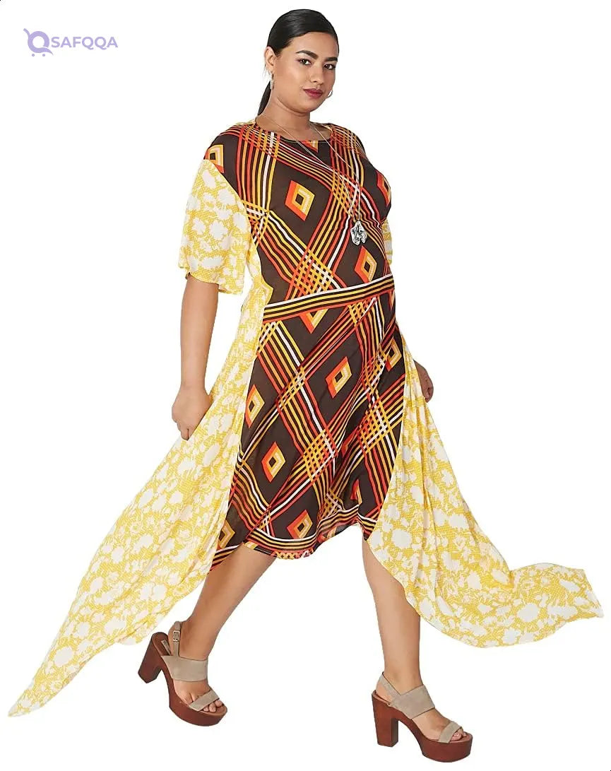 Splash Patterned Asymmetrical Hem Short Sleeves Round Neck Dress for Women,Versatile for casual, party, or semi-formal wear. - Safqqa