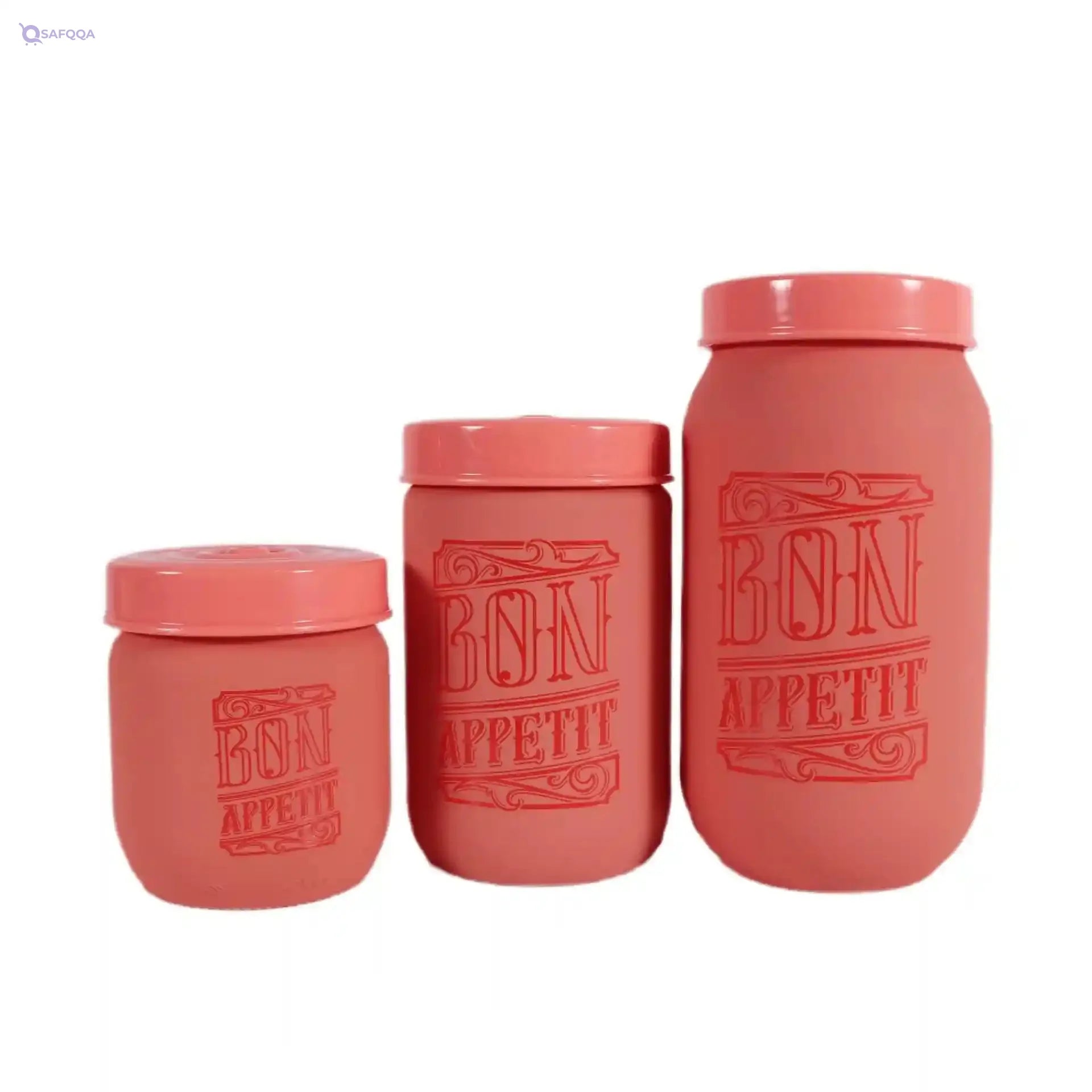 Herevin Soft Colored Decorated Canister Set with Tray – 3 Pieces (425/660/1000 ml), Pink - Safqqa