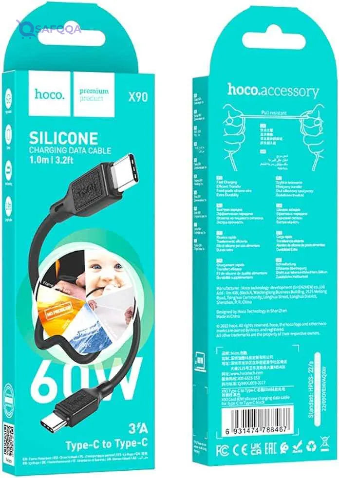 Hoco X90 - Cool Silicone Fast Charging And Data Transmittion Cable (60W - 20V- 3A - 1M), USB-C To USB-C Plug, Compatible With Samsung Huawei Xiaomi Oppo - Black - Safqqa Egypt