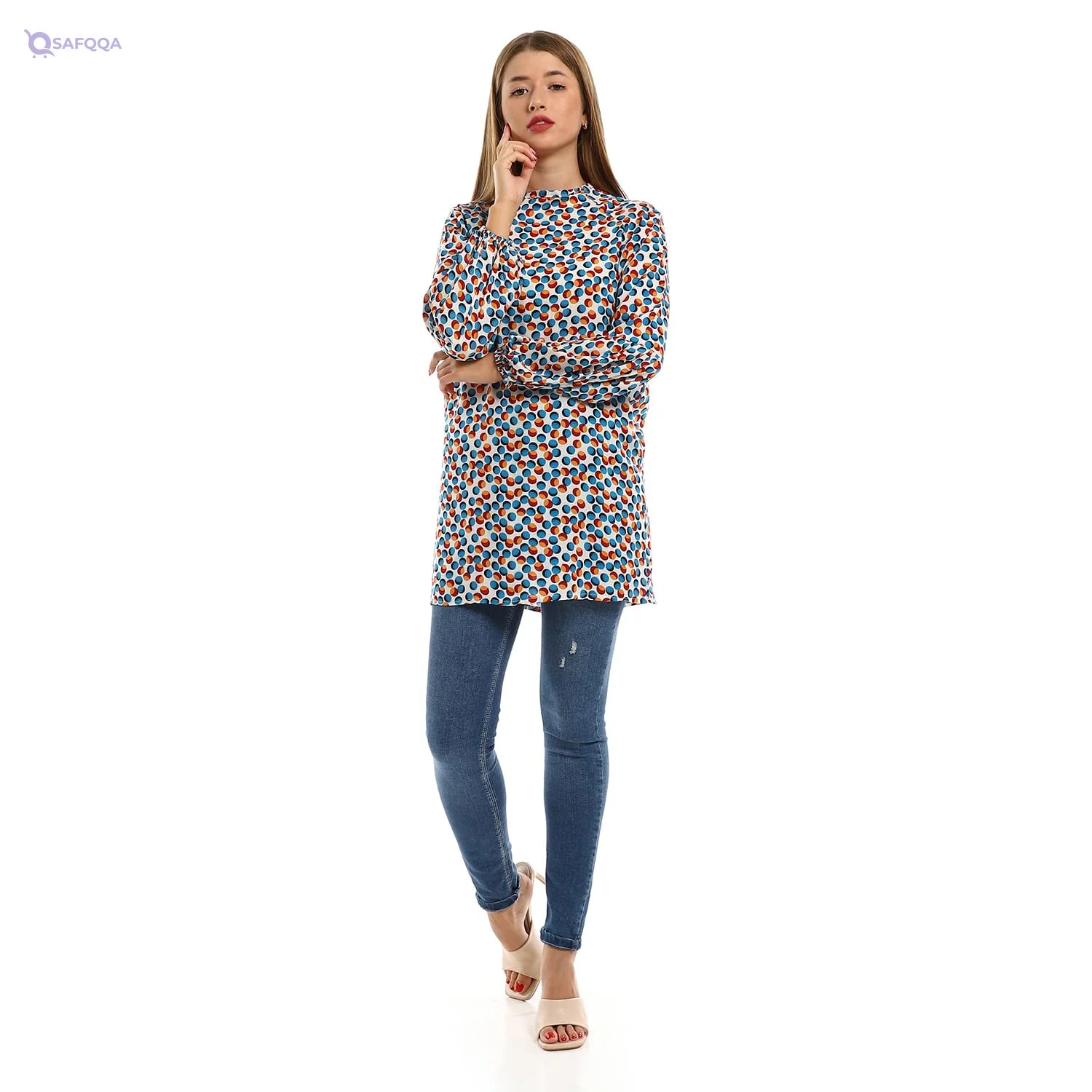 Andora Balloon Sleeves Dotted Blouse For Women,Classic round neckline for versatile styling. - Safqqa