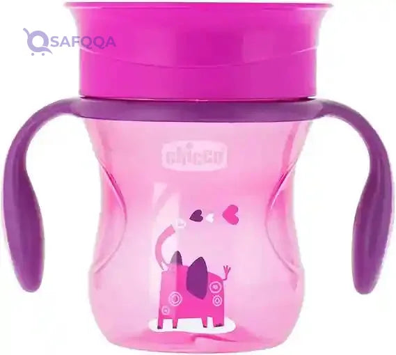 chicco Perfect First Baby Learning Cup 200 ml, Drinking Bottle 12+ Months Learn to Drink Leak-Proof Drinking Cup with 360° Silicone Valve and Removable Handles, BPA-Free - Pink - Safqqa