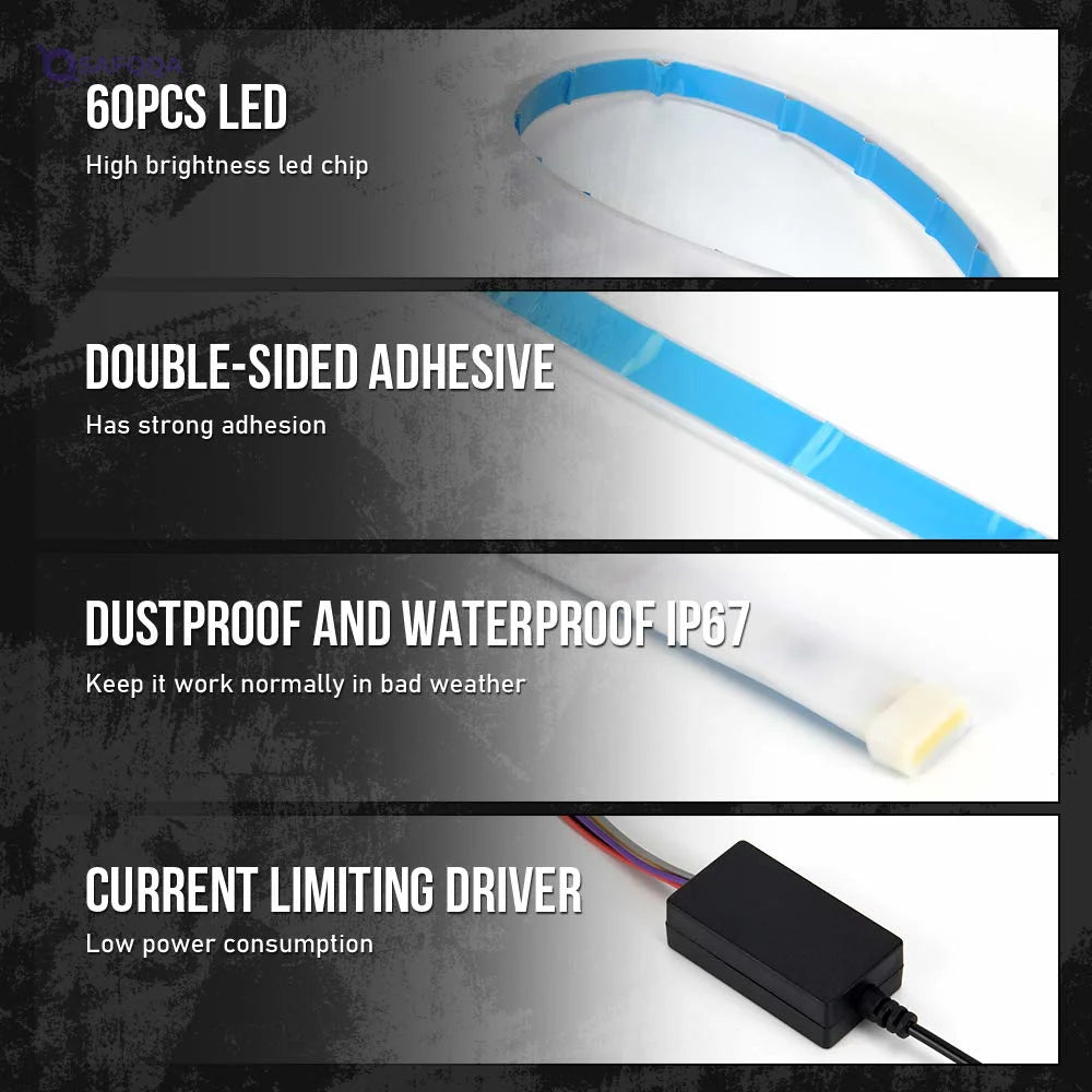 Car Trunk Strip Light 48inch LED Rear Tailgate Dynamic Streamer Reverse Brake Driving Turn Signal Flow 12V Waterproof 60pcs RGB Strips (CDN-RGB-Trunk-1.2m) - Safqqa