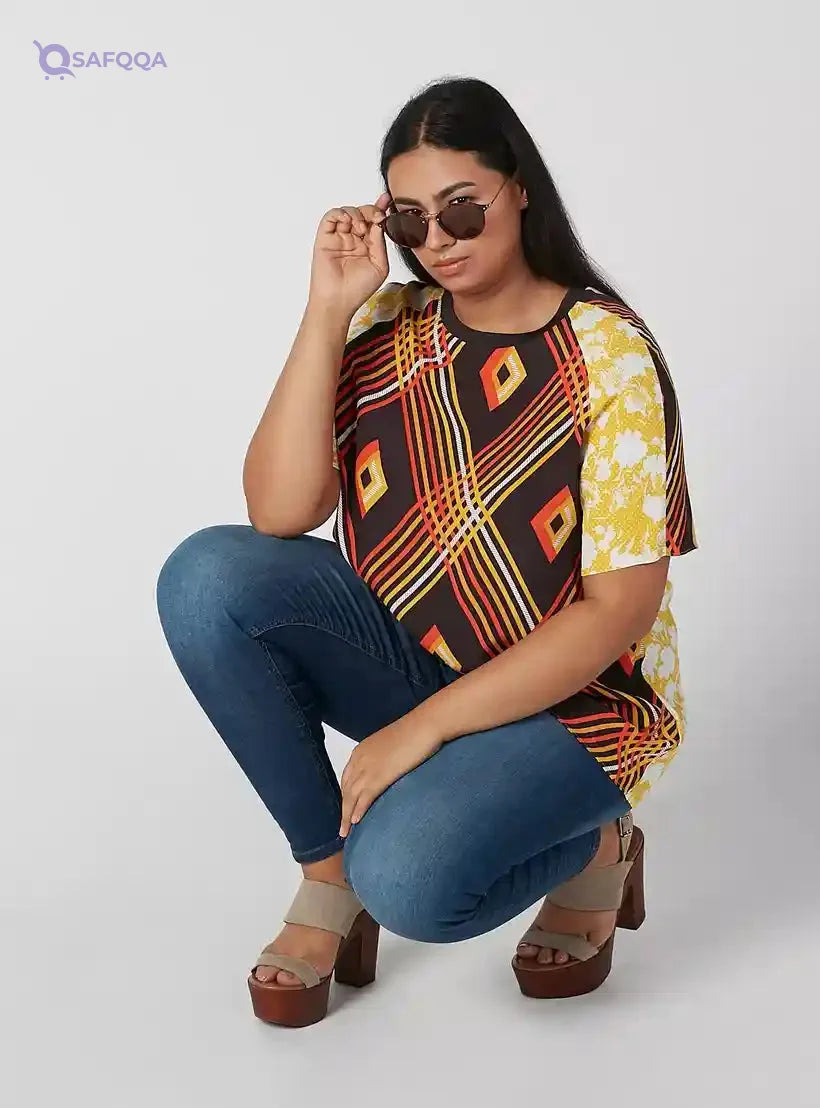 Printed Top with Round Neck and Raglan Sleeves - Safqqa Egypt