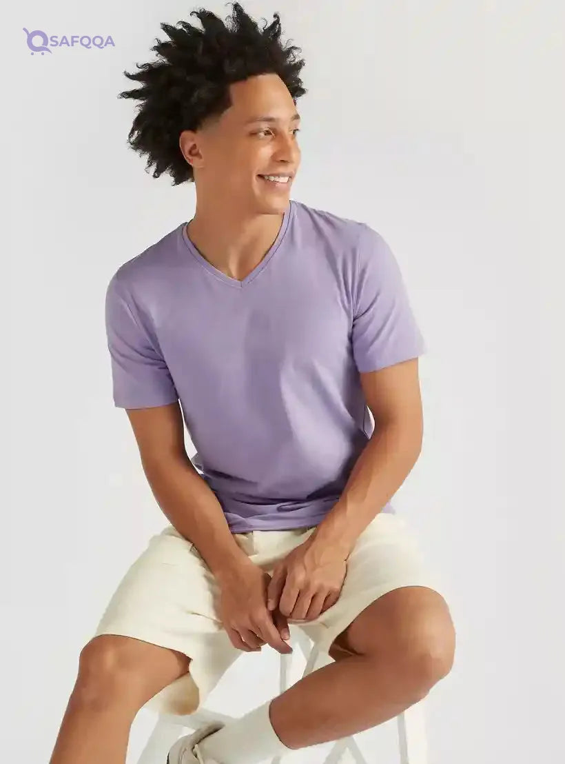 Solid V-neck T-shirt with Short Sleeves - Safqqa Egypt