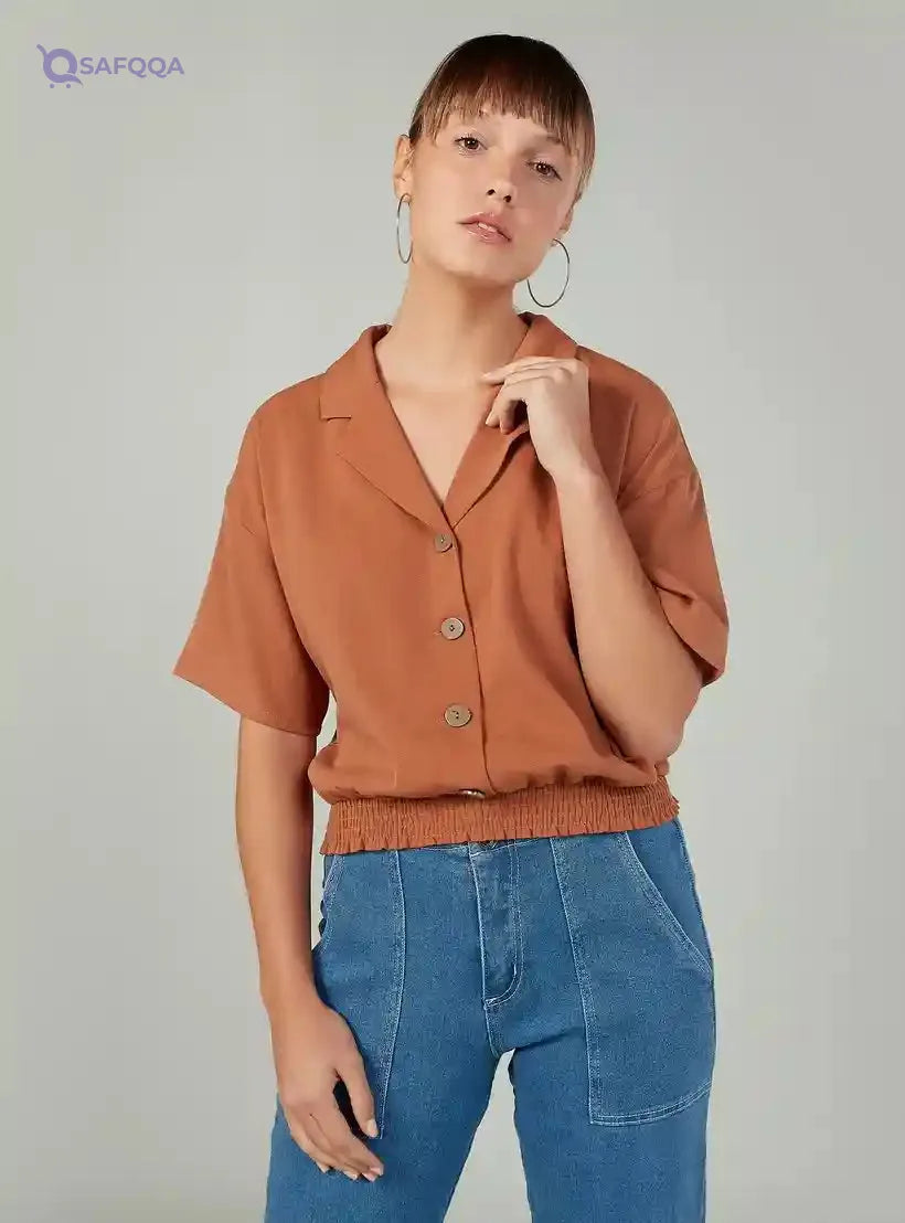 Plain Top with Notched Lapel and Short Sleeves - Safqqa Egypt