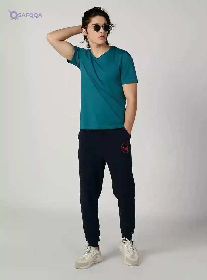 Plain T-shirt with V-neck and Short Sleeves - Safqqa Egypt