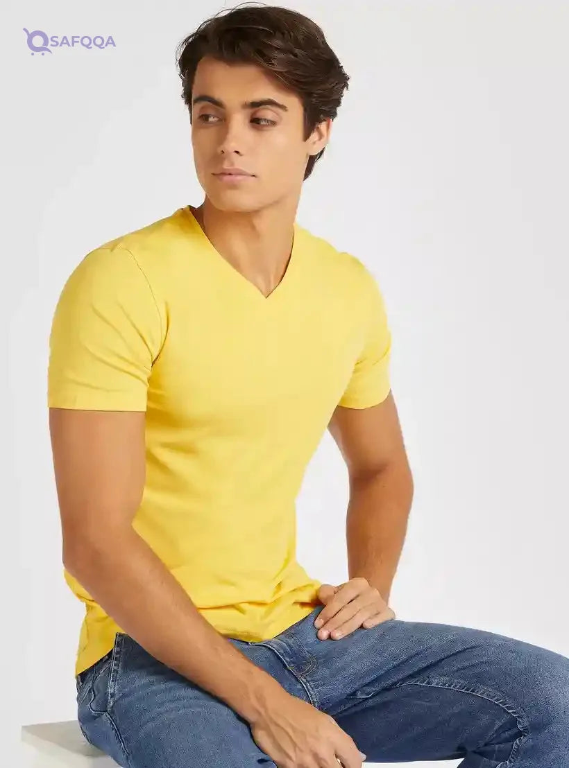 Solid V-neck Slim Fit T-shirt with Short Sleeves - Safqqa Egypt