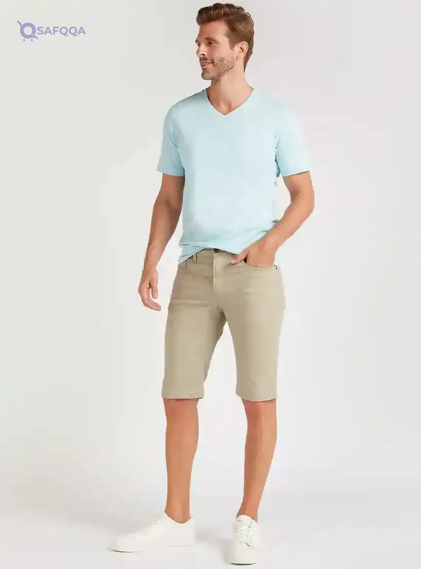 Solid T-shirt with V-neck and Short Sleeves - Safqqa Egypt