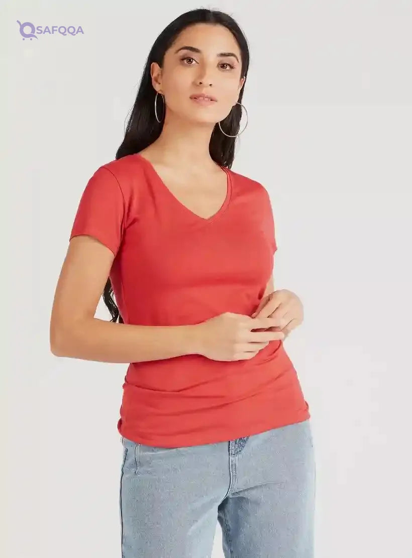 Solid V-neck T-shirt with Cap Sleeves - Safqqa Egypt